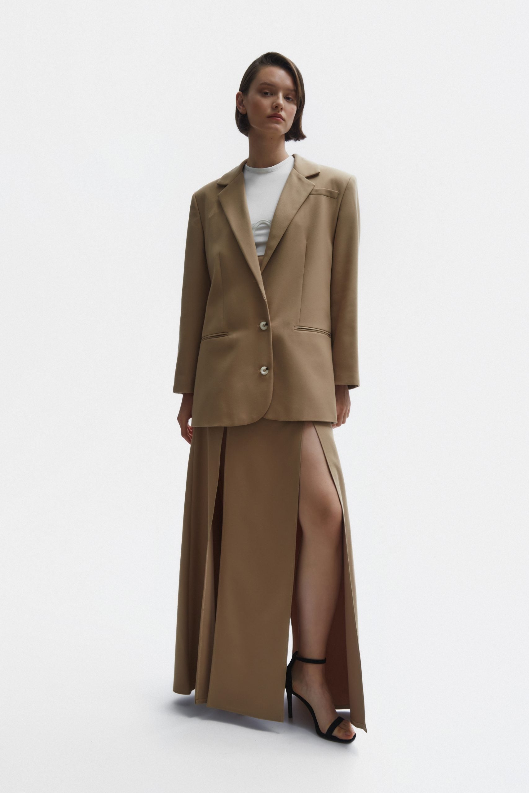 Business suit camel skirt