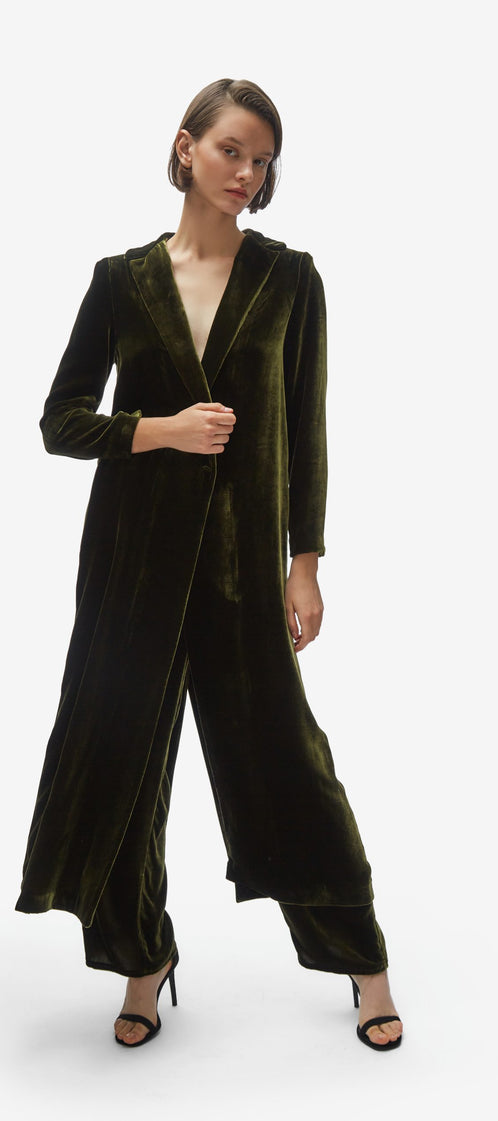 Cardi-coat. Moss velvet