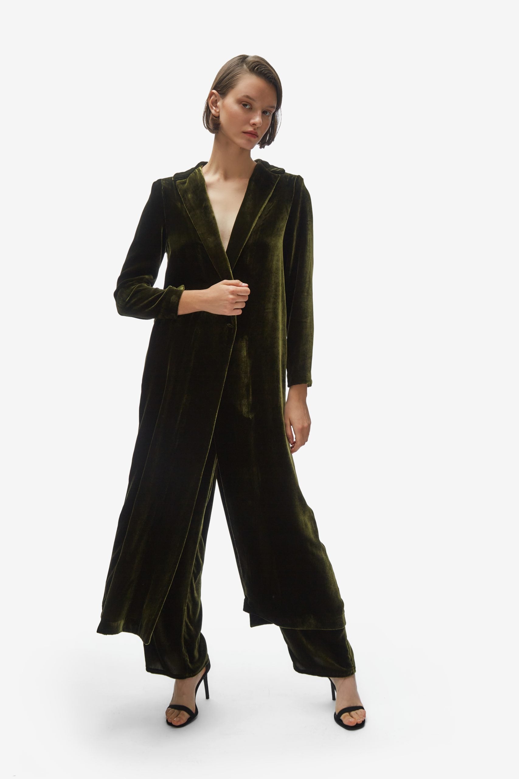 Cardi-coat. Moss velvet