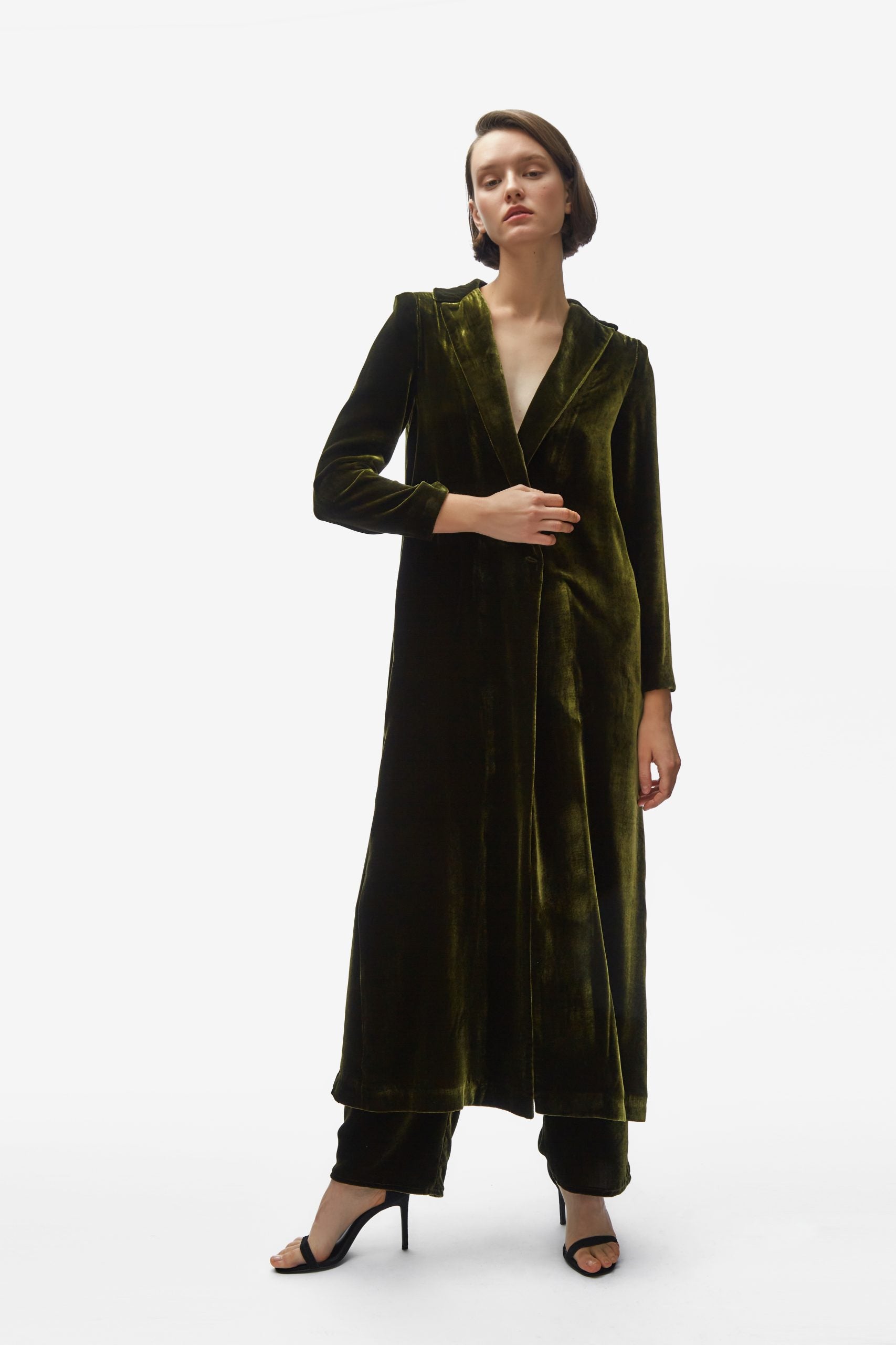 Cardi-coat. Moss velvet