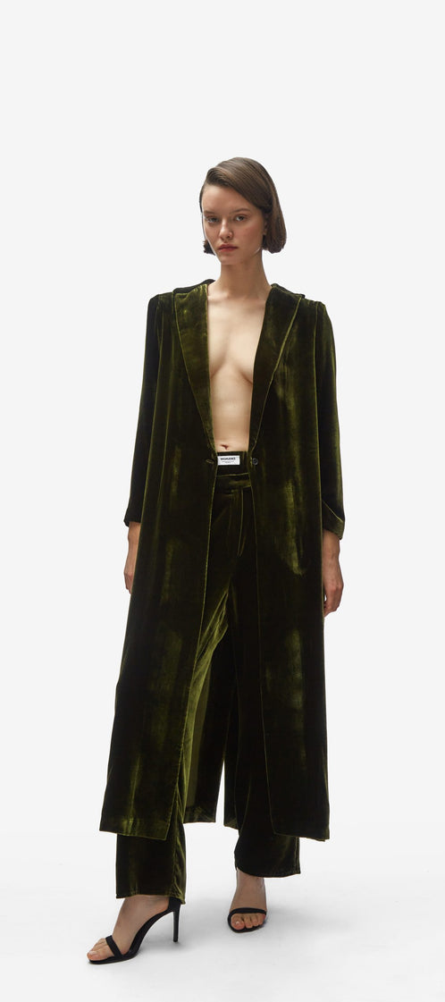 Cardi-coat. Moss velvet
