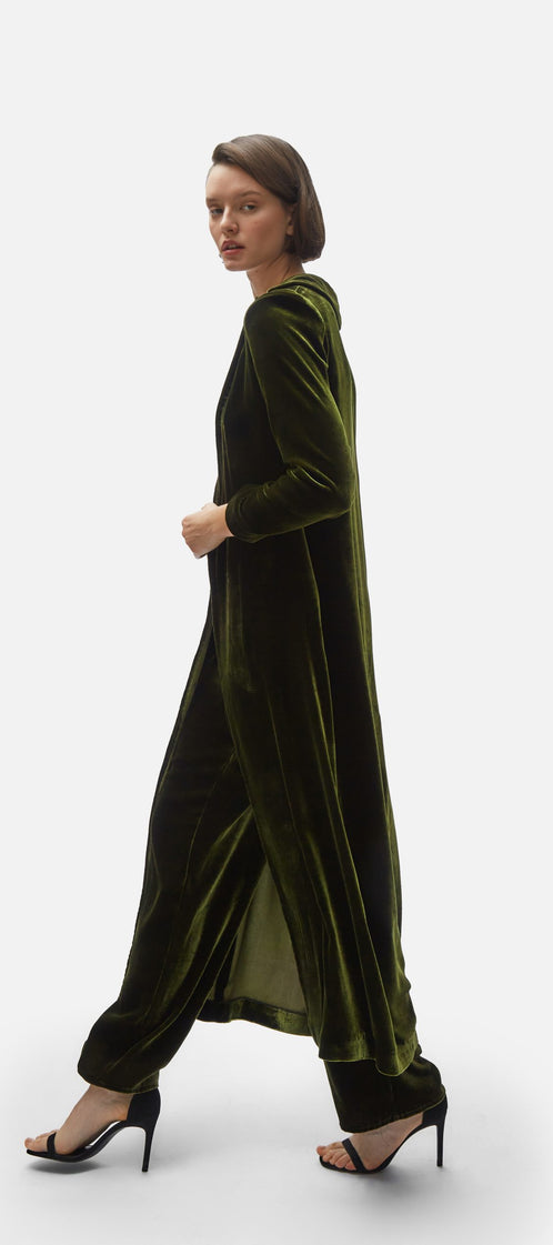 Cardi-coat. Moss velvet