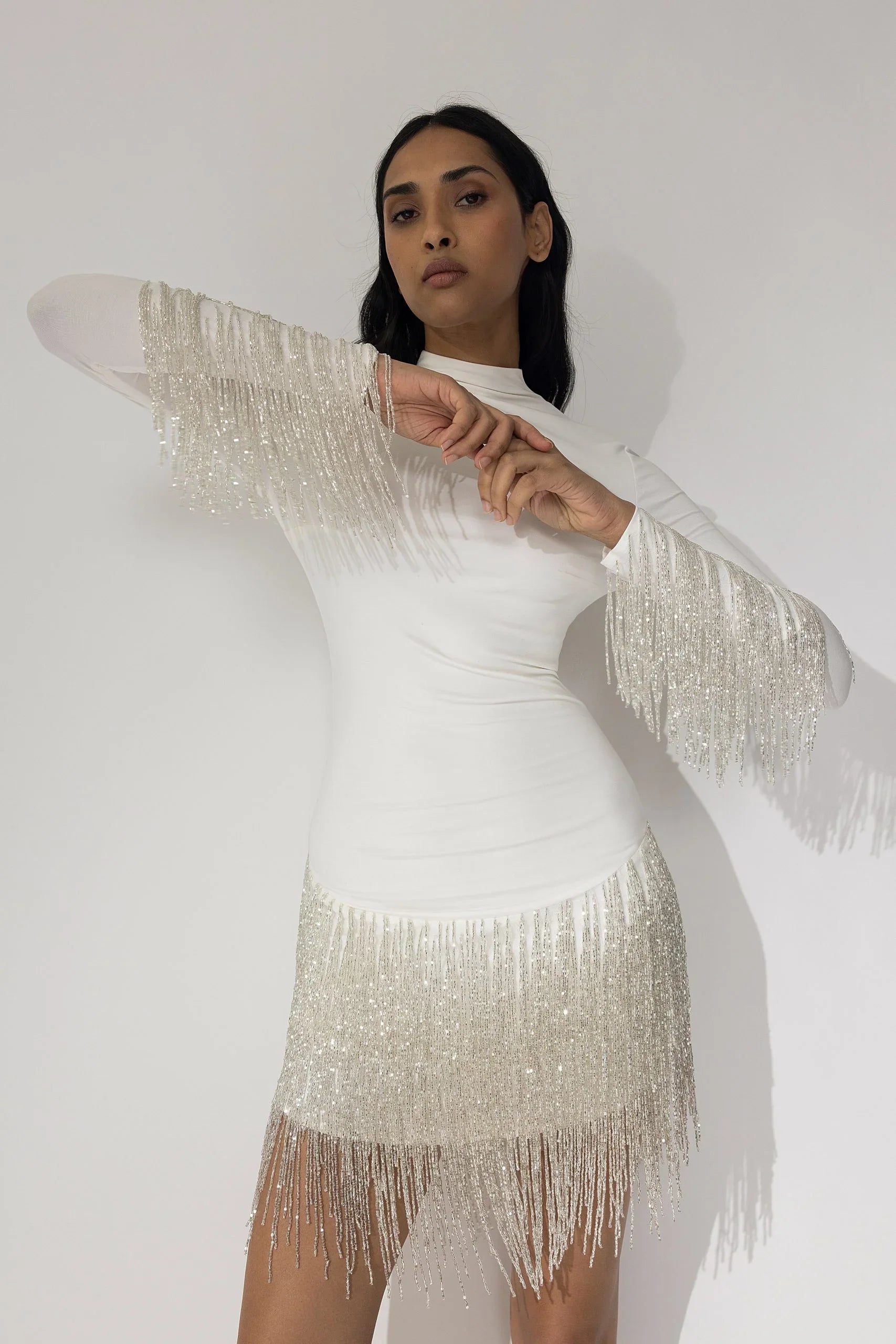 knee length dresses for ladies Liya White Fringe Dress main image 1