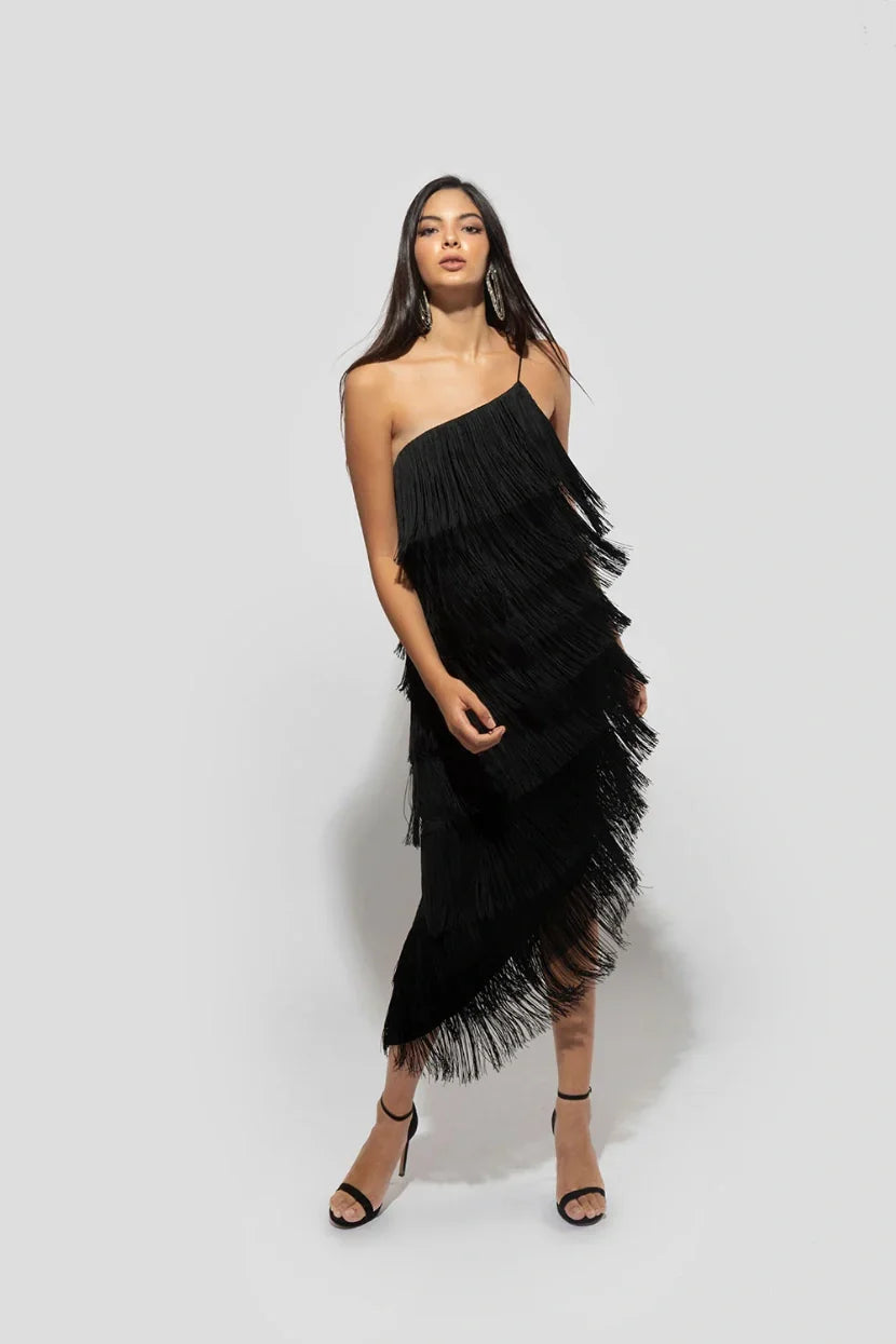 Long asymmetric black dress