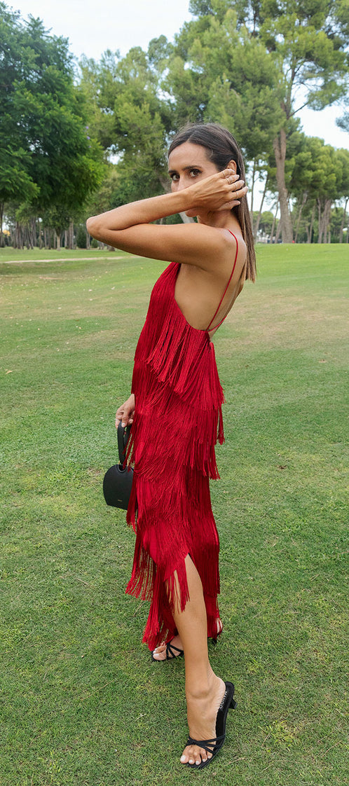 Long asymmetric red dress