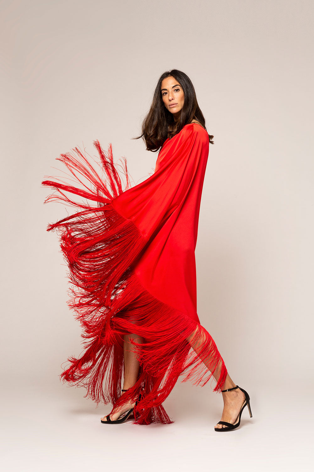 open lace back dress Wing Dress/Faux Silk/Poncho Dress/ Wing Sleeves-23032 Red  India Batik  Retail