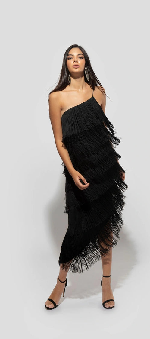 LONG ASYMMETRIC black dress
